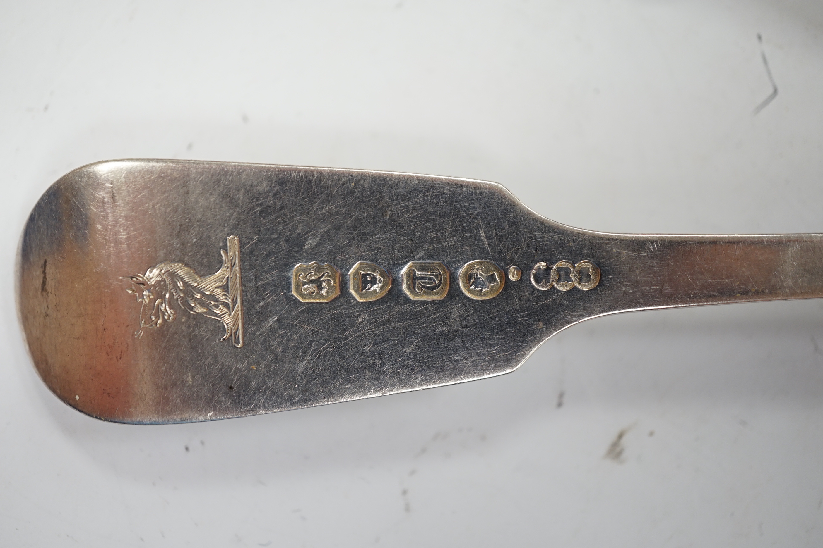 A pair of George V silver rat tail trefid spoons, Goldsmiths & Silversmiths Co Ltd, London, 1911, 20.2cm, three cased sets of silver coffee spoons and other silver flatware